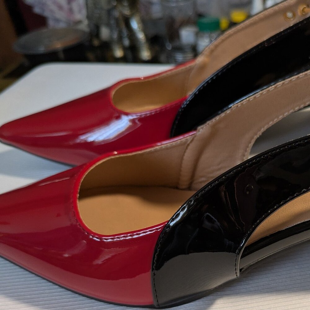RED POINTED TOE & BLACK SLINGBACK WOMENS SHOE with BLOCK HEEL NEW NEVER WORN